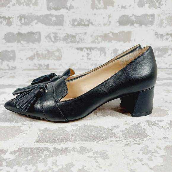 Essex Lane Black Leather Tasseled Pointed Toe Pumps Classic Block Heels F235 - Picture 1 of 13